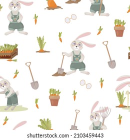 Gray rabbits. Carrot and rabbit pattern. Cute childish print of vegetables and animals. Vector illustration.