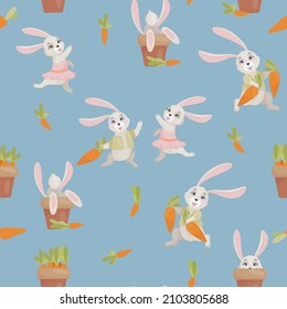 Gray rabbits. Carrot and rabbit pattern. Cute childish print of vegetables and animals. Vector illustration.