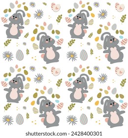 Gray rabbits on a white background pattern. Lovely flat Easter seamless pattern with bunnies, doodles, flowers, easter eggs, beautiful background. For Easter cards, banner, textiles, wallpaper.