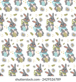 Gray rabbits on a white background pattern. Lovely flat Easter seamless pattern with bunnies, doodles, flowers, easter eggs, beautiful background. For Easter cards, banner, textiles, wallpaper.
