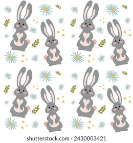 Gray rabbits on a white background pattern. Lovely flat Easter seamless pattern with bunnies, doodles, flowers, beautiful background. For Easter cards, banner, textiles, wallpaper.