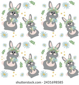 Gray rabbits on a white background pattern. Lovely flat Easter seamless pattern with bunnies, doodles, flowers, beautiful background. For Easter cards, banner, textiles, wallpaper.