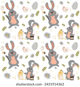 Gray rabbits on a white background pattern. Lovely flat Easter seamless pattern with bunnies, doodles, flowers, easter eggs, beautiful background. For Easter cards, banner, textiles, wallpaper.
