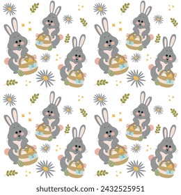 Gray rabbits on a white background pattern. Lovely flat Easter seamless pattern with bunnies, doodles, flowers, easter eggs, beautiful background. For Easter cards, banner, textiles, wallpaper.