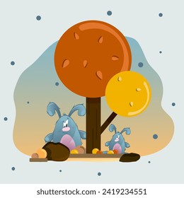 Gray rabbits sit under an autumn tree. All around are stylized yellow and brown leaves, flowers, grass and rocks on a yellow-blue background.