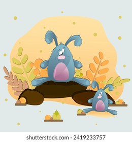 Gray rabbits sitting on brown rocks. All around stylized yellow and brown leaves, flowers, grass on a yellow background. Vector