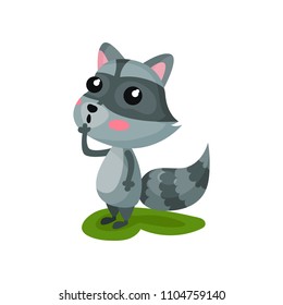 Gray raccoon with surprised face expression. Animal with pink cheeks and striped tail. Flat vector element for mobile app or children book