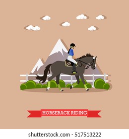 Gray Race Horse And Lady Jockey In Uniform. Horseback Riding Concept Vector Illustration In Flat Style.