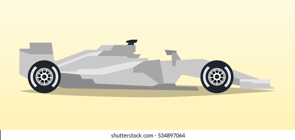 Gray racing bolid. Sports car. Quick transport. Powerful engine. Aerodynamic body. Side view, isolated on background. Vector illustration 