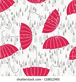  gray rain drops on messy grunge white background with red umbrellas