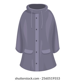 Gray raincoat with hood, pockets and buttons protecting from cold and wet weather