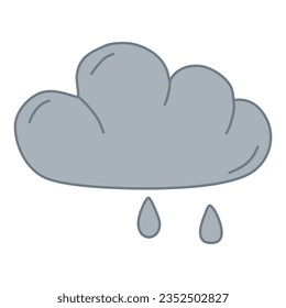 Gray rainy cloud with few drops, autumn weather, doodle style flat vector