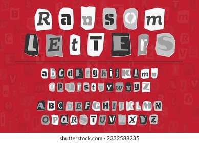 Gray ransom collage style letters numbers and punctuation marks cut from newspapers and magazines. Vintage ABC collection. Red, white and black punk alphabet Typography vector illustration.