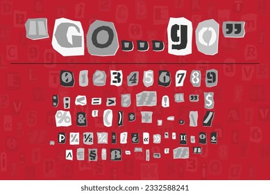 Gray ransom collage style letters numbers and punctuation marks cut from newspapers and magazines. Vintage ABC collection. Red, white and black punk alphabet Typography vector illustration.