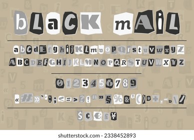 Gray ransom collage style letters numbers and punctuation marks cut from newspapers and magazines. Vintage ABC collection. Red, white and black punk alphabet Typography vector illustration.