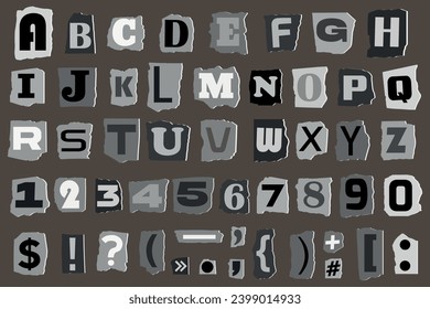 Gray ransom collage style letters Paper Cut out vector alphabet. Blackmail Ransom Kidnapper Anonymous Note Font. Letters, Numbers and punctuation symbols. Criminal ransom letters. Compose your own