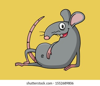 Gray rat or mouse lying on the side on the ground and smiling. Vector Illustration isolated on flat yellow background for kids book or for chinese new year of the rat. For children