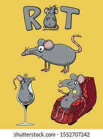 Gray rat or mouse. Set of four Vector Illustrations isolated on flat yellow background for kids book or for chinese new year of the rat. Hand drawn pack for children