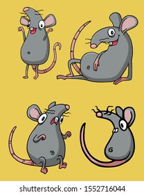 Gray rat or mouse. Set of four Vector Illustrations isolated on flat yellow background for kids book or for chinese new year of the rat. Hand drawn pack for children