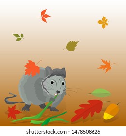 Gray rat nibbles on bamboo in autumn, fall leaves, vector