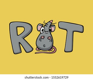 Gray RAT text lettering typo with a rat or mouse instead the letter A. Vector Illustration isolated on flat yellow background for kids book or for chinese new year of the rat. For children
