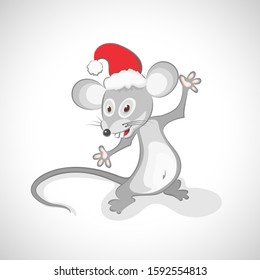 Gray rat wearing a red Santa Claus hat on white background. Vector illustration.
