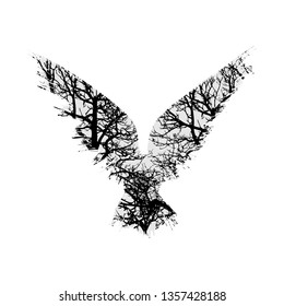 Gray raven silhouette with black trees isolated on white background