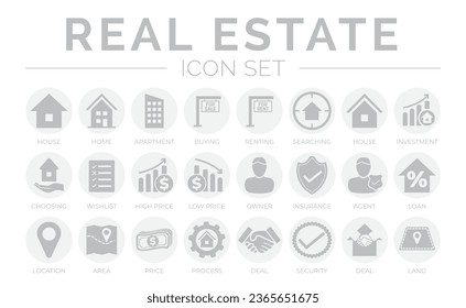 Gray Real Estate Round Icon Set of Home, House, Apartment, Buying, Renting, Searching, Investment, Choosing, Wishlist, Low High Price, Owner, Insurance, Area Price, Process, Deal, Land, Security Icons