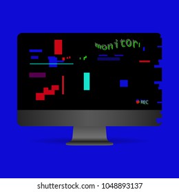 Gray realistic monitor on a blue background. Letters of the glitch effect. Old retro screen