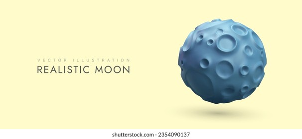 Luna gris realista. Planeta muerto sin atmósfera. Cuerpo celestial redondo. Afiche de fondo amarillo. Concepto de planetario, observatorio, sitio astronómico