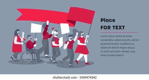 Gray and red banner template with protest people in masks and carrying long flag