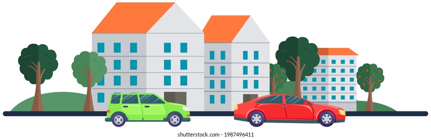 Gray and red cars in city. Cars are driving on road. Landscape with residential buildings and automobiles. Driving in modern downtown. Vehicles on background of cityscape with buildings and nature