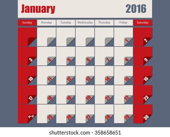 Gray red colored 2016 calendar design for january month