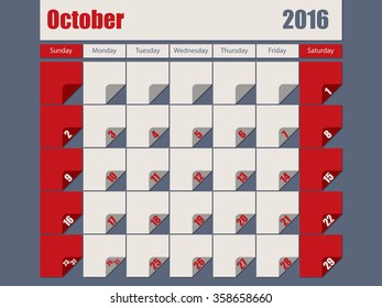 Gray red colored 2016 calendar design for october month