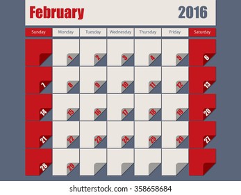 Gray red colored 2016 calendar design for february month