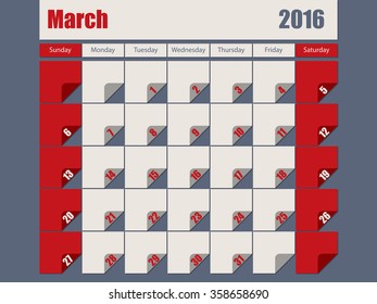 Gray red colored 2016 calendar design for march month