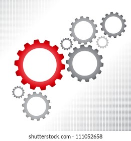 Gray and red gears on white background