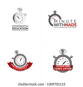 Gray red line art ribbon stopwatch combination mark logo design concept suitable for minute education tool counting 