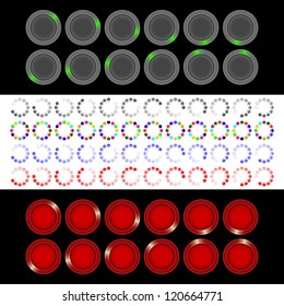Gray and red neon indicators of loading on a black background. Indicators of loading of different color on a white background.