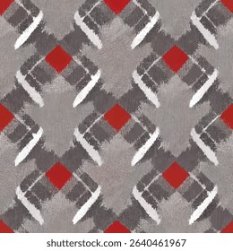 Gray and red pattern with white squares, diamond shapes, and lines. grunge lines ikat pattern, striped seamless pattern, Vector illustration background for print the paper.
