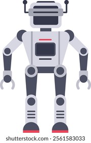 Gray and red robot standing upright with two antennas, two clawed arms, and two legs, featuring a modern, futuristic design that embodies the concept of artificial intelligence