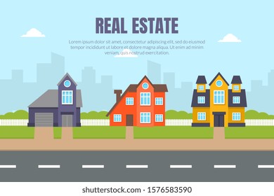 Gray, red and yellow cottages against the backdrop of the city. Vector illustration.