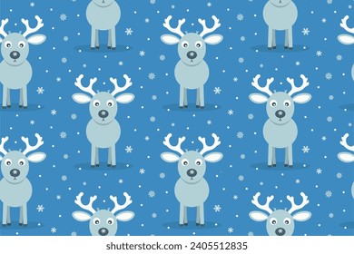 Gray Reindeer Seamless Pattern. Vector Blue Background with Snowflakes. Cute Christmas Wallpaper