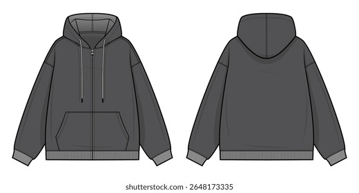 Gray Relaxed Hoodie Technical Fashion Illustration. Long-Sleeve Pullover Hoodie with Front Kangaroo Pocket Vector Template. Front and Back View. Unisex Casualwear. Dark Gray Color. CAD Mockup Set.
