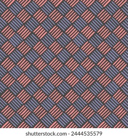 Grauer repetitiver Hintergrund mit handgezeichneten rosa und lila gestreiften Quadraten. Nahtloses Muster der Vektorgrafik. Geometrisches Stoffmuster. Einwickelpapier. Design-Vorlage für Textil, Leinen, Wohnkultur, Bekleidung