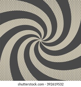 Gray retro background with dots. Vector pop art rays and spots. Vintage paper