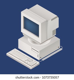 Gray retro vintage computer. Isometric highly detailed illustration