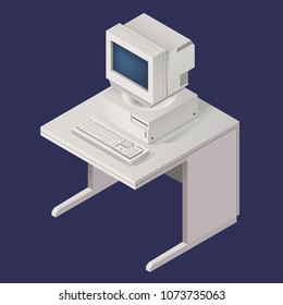 Gray retro vintage computer. Isometric highly detailed illustration