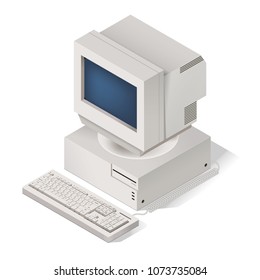 Gray retro vintage computer. Isometric highly detailed illustration