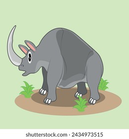 Gray rhino in flat cartoon style walking in african landscape. Happy friendly rhinoceros. Wild animal. Isolated cute children's illustration on white background